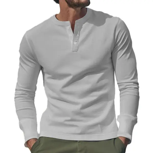 Men Long Sleeve Grey Twill T-Shirt Henry Collar