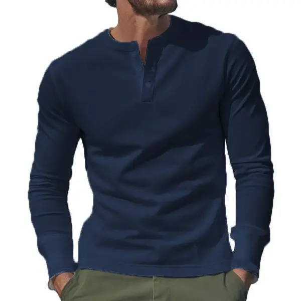 Men Long Sleeve Grey Twill T-Shirt Henry Collar