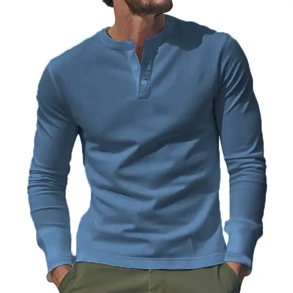 Men Long Sleeve Grey Twill T-Shirt Henry Collar