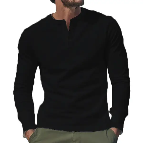 Men Long Sleeve Grey Twill T-Shirt Henry Collar
