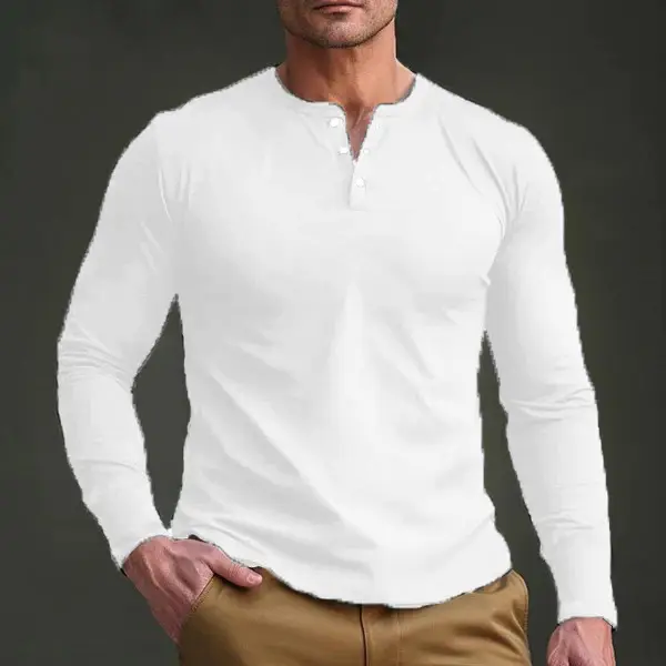Men Long Sleeve Grey Twill T-Shirt Henry Collar