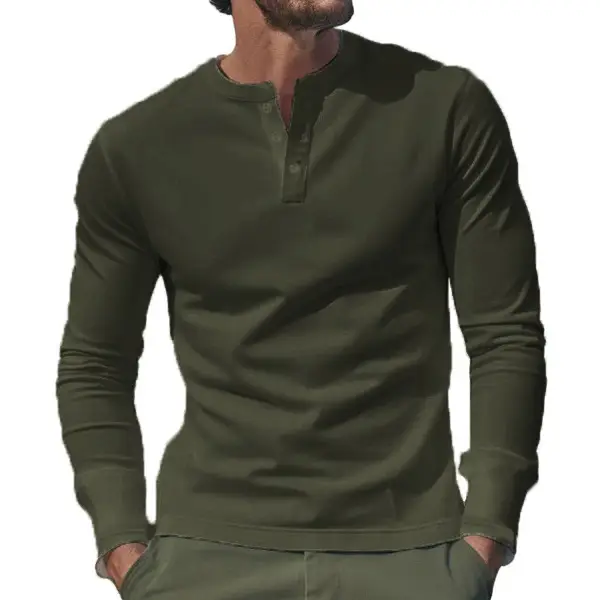 Men Long Sleeve Grey Twill T-Shirt Henry Collar