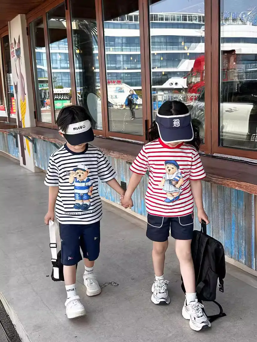 Kids Red Striped Teddy Bear T-Shirt Summer Wear - Image 5