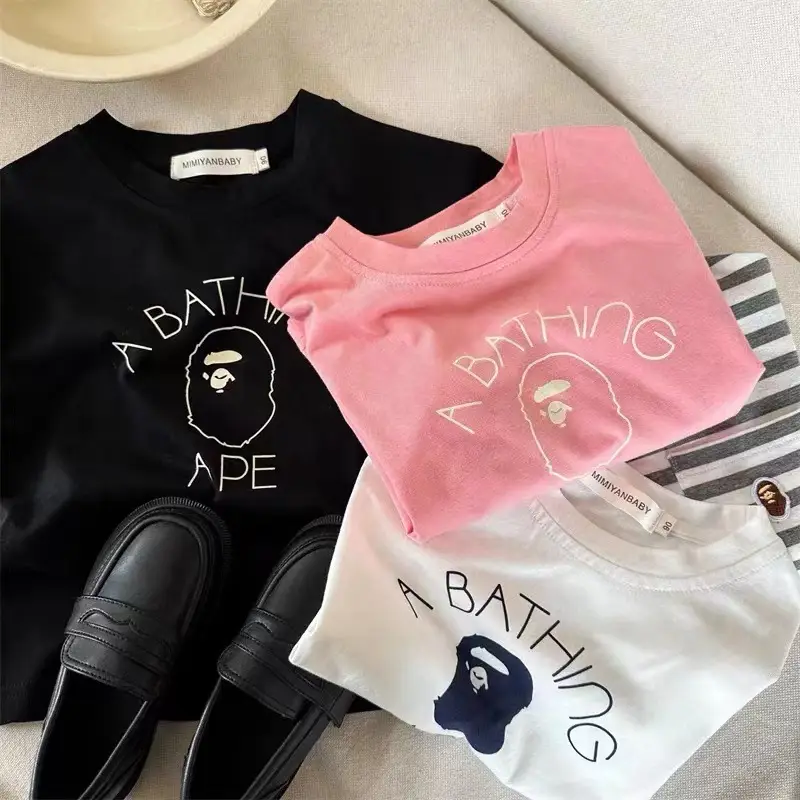 Kids Korean Style T-Shirt Black White Graphic Print
