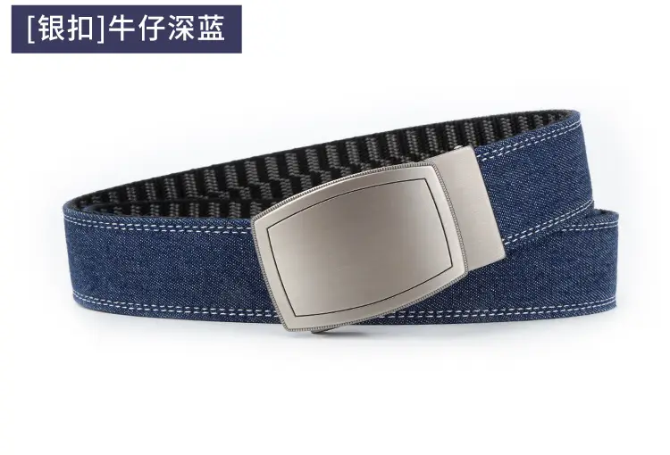 Men's Silver Buckle Leather Belt Navy Blue — feature 16