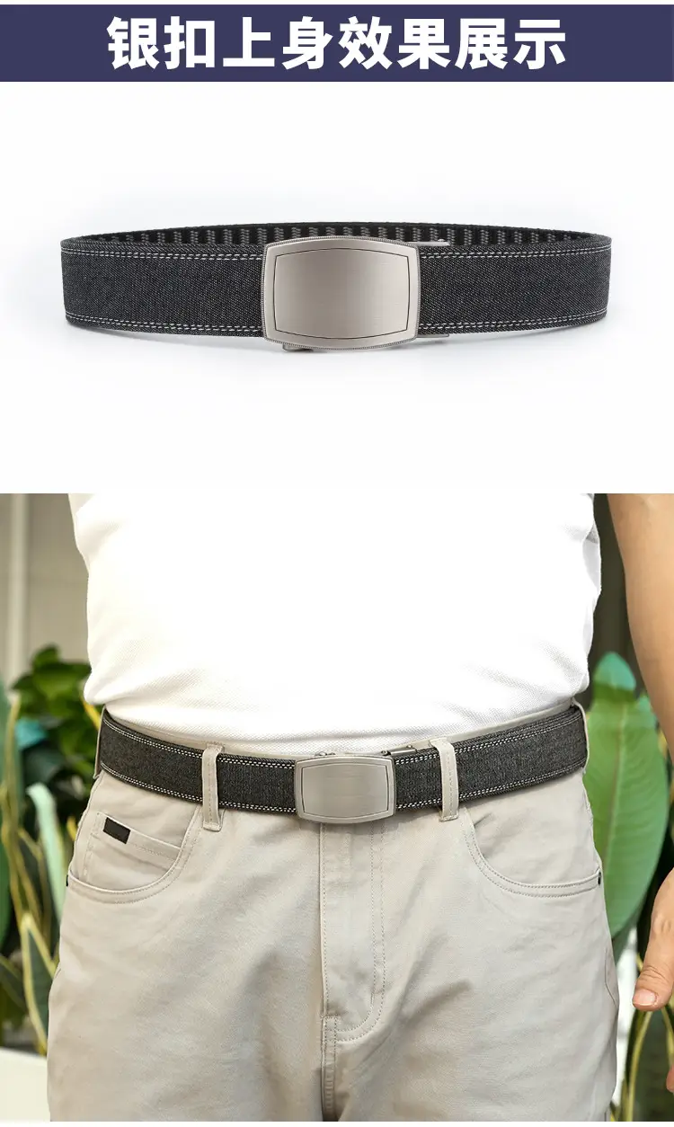 Men's Silver Buckle Leather Belt Navy Blue — feature 6