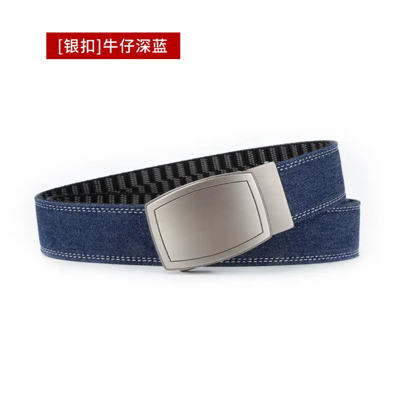 Men's Silver Buckle Leather Belt Navy Blue - Image 2