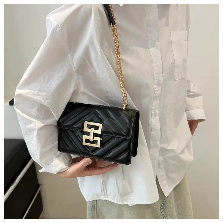 Women's Brown Chain Shoulder Bag with Lock Buckle - Image 7