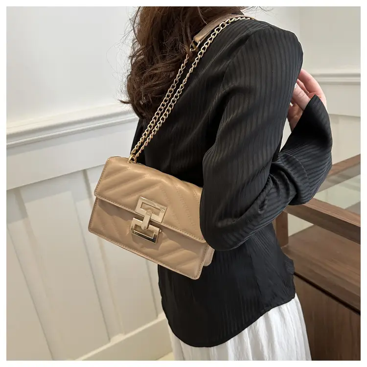 Women's Brown Chain Shoulder Bag with Lock Buckle - Image 8