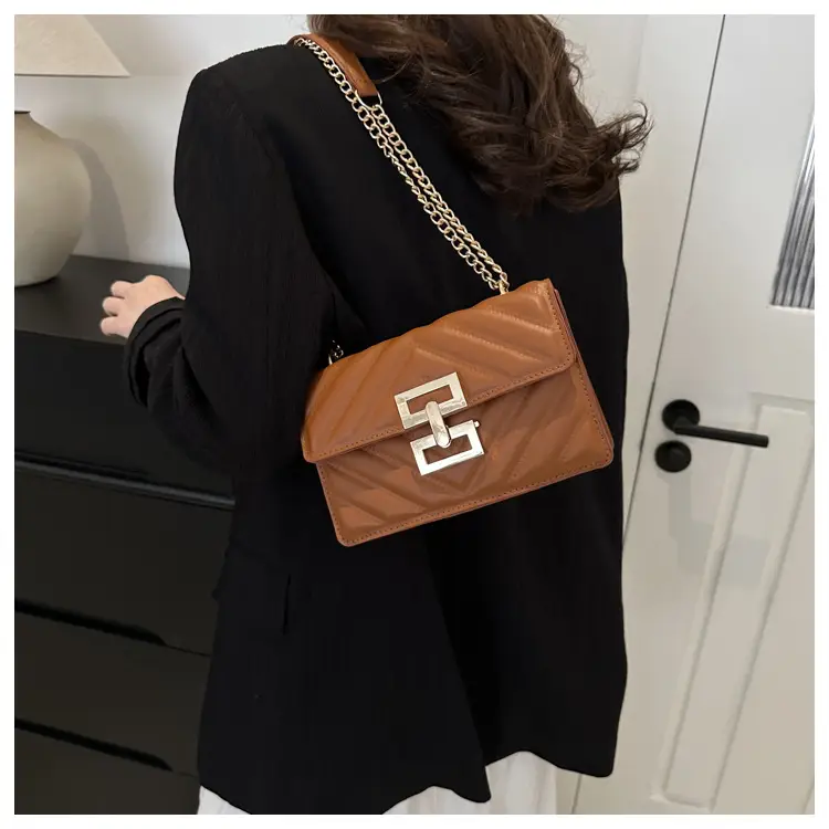 Women's Brown Chain Shoulder Bag with Lock Buckle — feature 21