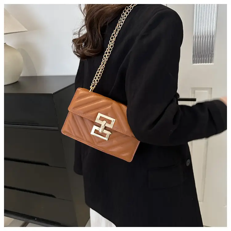 Women's Brown Chain Shoulder Bag with Lock Buckle — feature 22