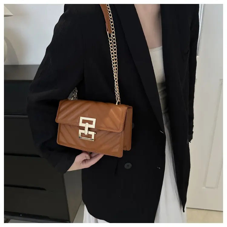 Women's Brown Chain Shoulder Bag with Lock Buckle — feature 23