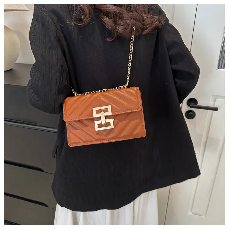 Women's Brown Chain Shoulder Bag with Lock Buckle — feature 24