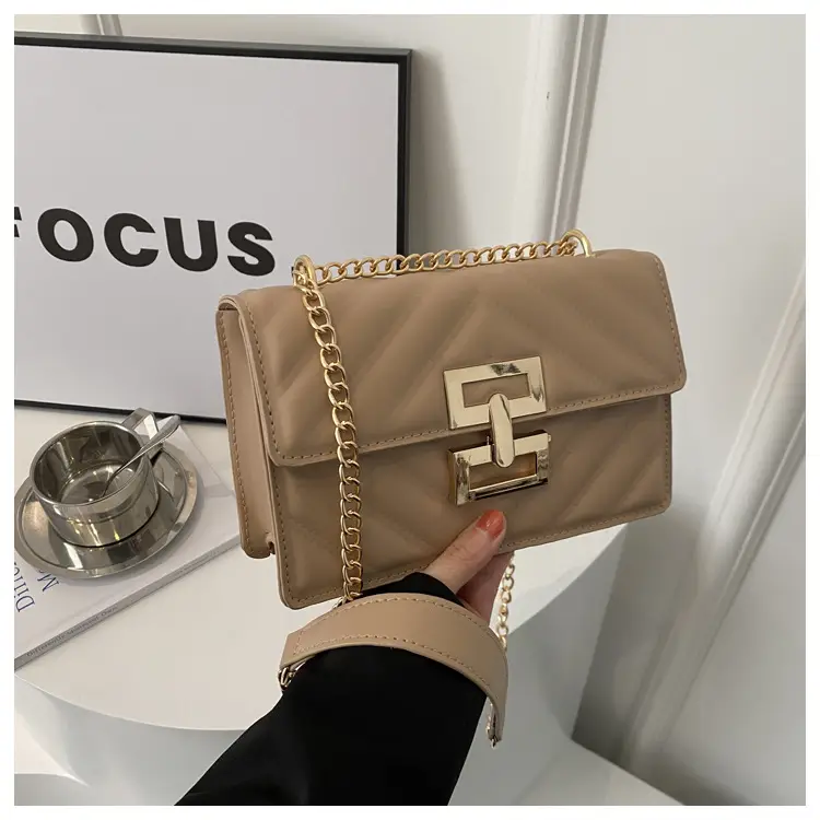 Women's Brown Chain Shoulder Bag with Lock Buckle - Image 3