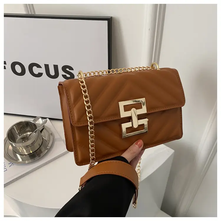 Women's Brown Chain Shoulder Bag with Lock Buckle - Image 4