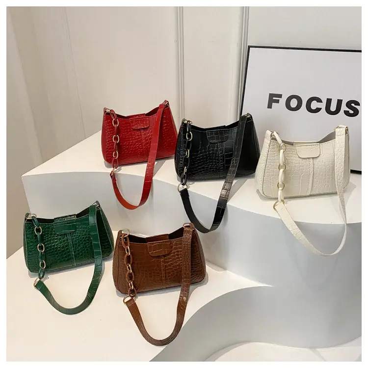 Red Croc Leather Chain Shoulder Bag for Women