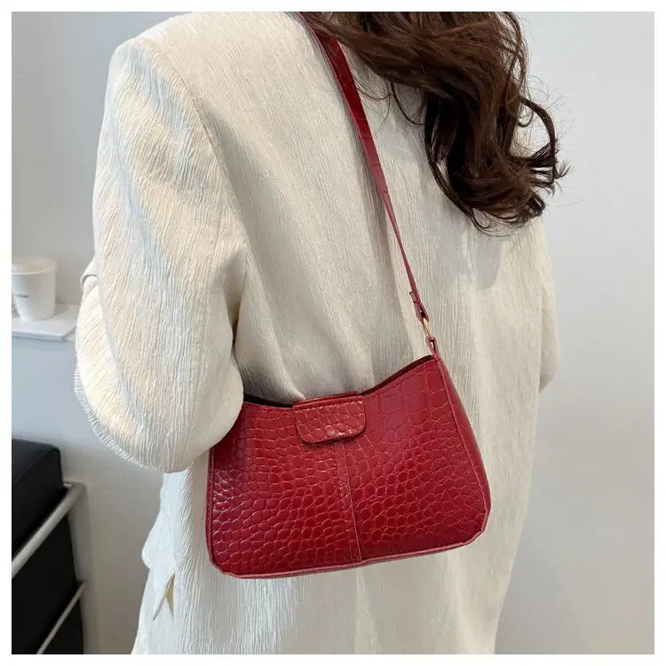 Red Croc Leather Chain Shoulder Bag for Women