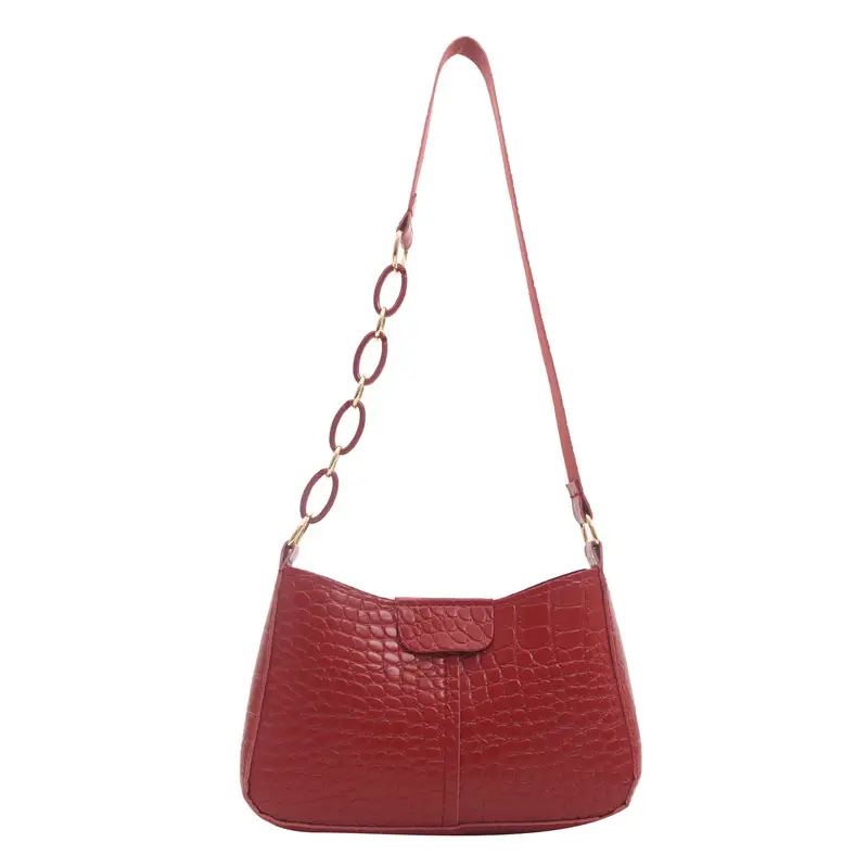 Red Croc Leather Chain Shoulder Bag for Women