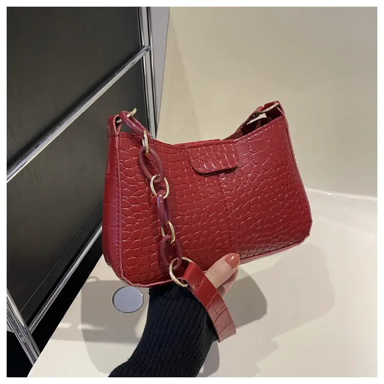 Red Croc Leather Chain Shoulder Bag for Women