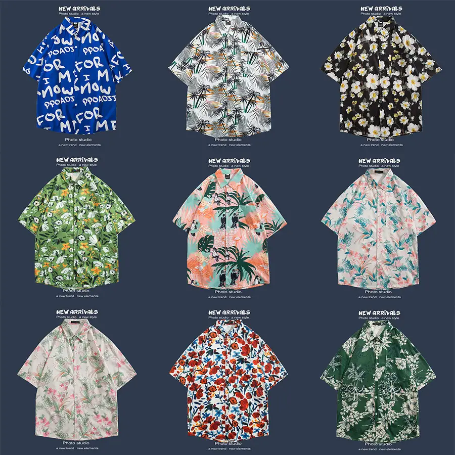 Short Sleeve Floral Shirt Set for Men Women Retro Korean Style - Image 79