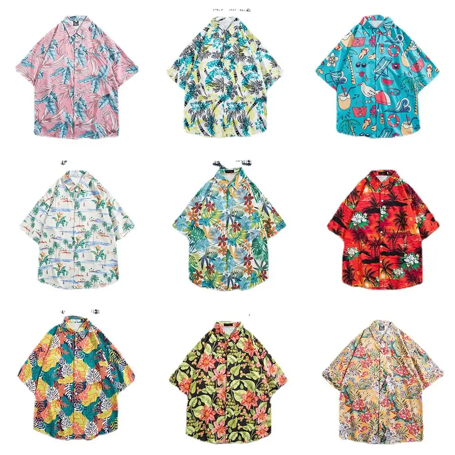 Short Sleeve Floral Shirt Set for Men Women Retro Korean Style - Image 81