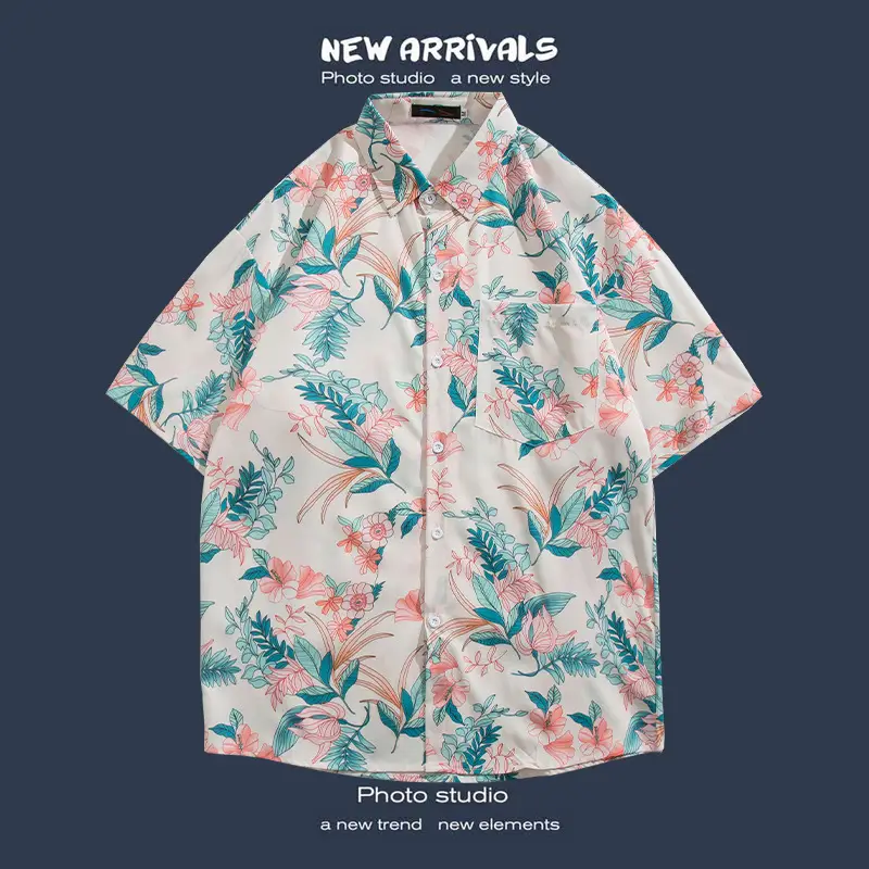 Short Sleeve Floral Shirt Set for Men Women Retro Korean Style - Image 11