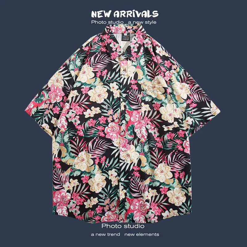 Short Sleeve Floral Shirt Set for Men Women Retro Korean Style - Image 24
