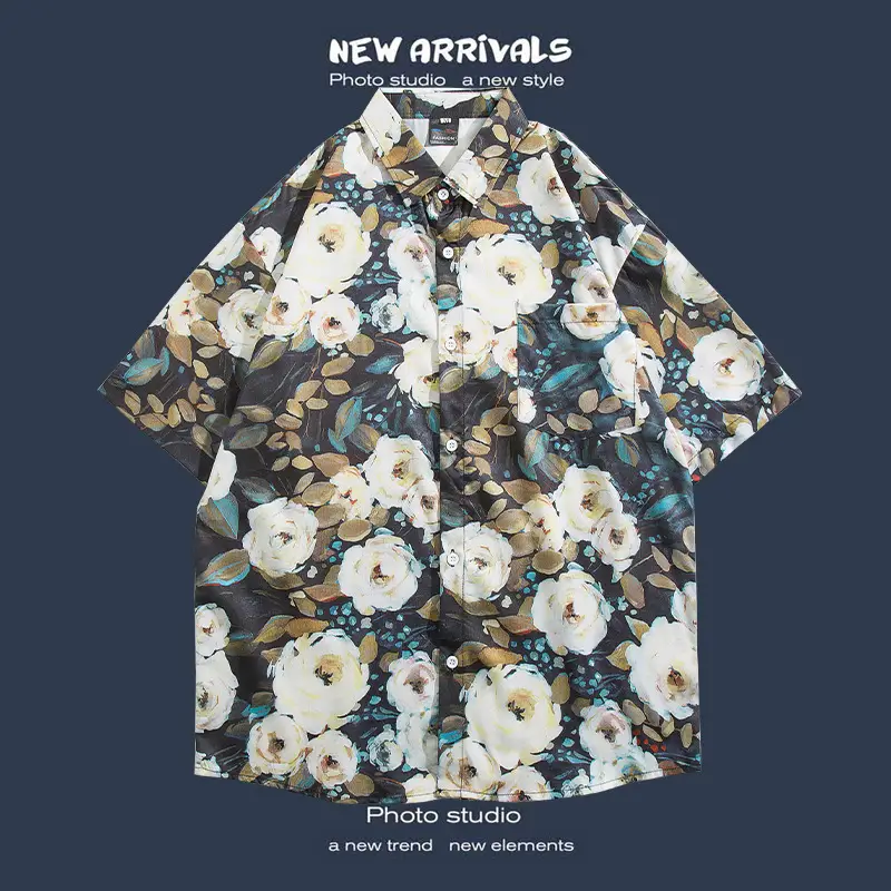 Short Sleeve Floral Shirt Set for Men Women Retro Korean Style - Image 37