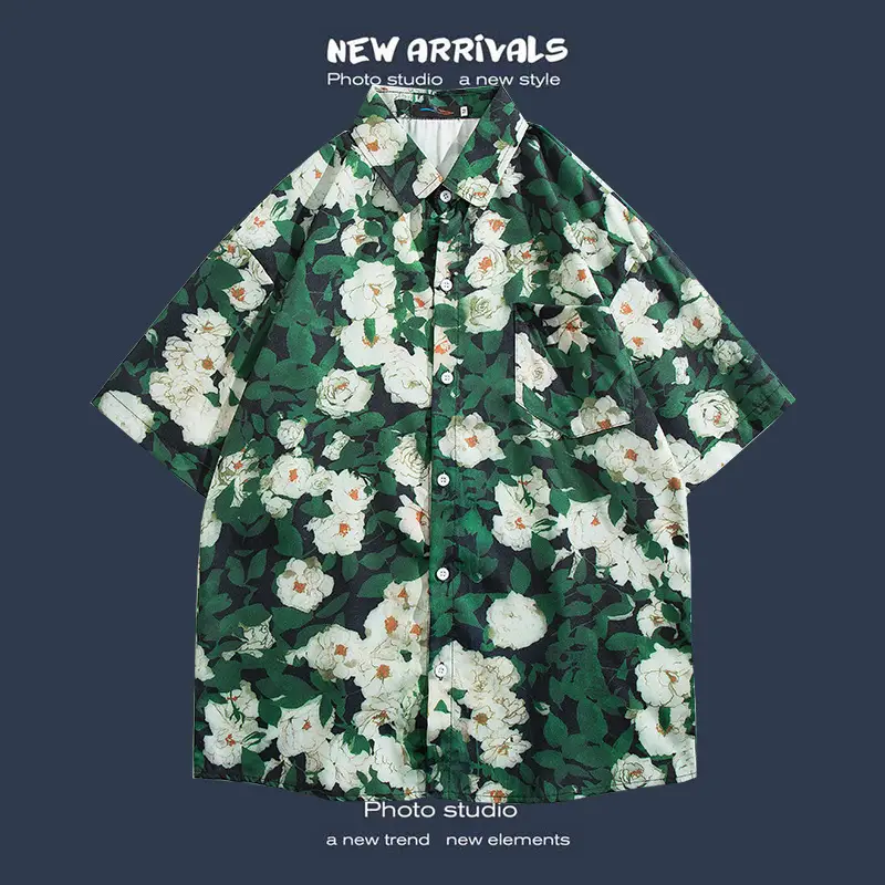 Short Sleeve Floral Shirt Set for Men Women Retro Korean Style - Image 39