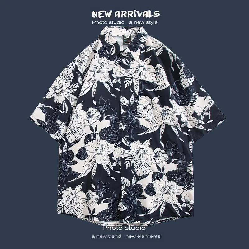 Short Sleeve Floral Shirt Set for Men Women Retro Korean Style - Image 4