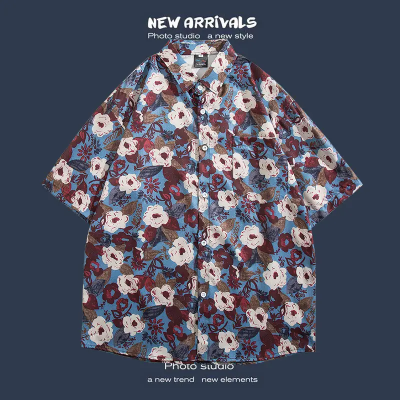 Short Sleeve Floral Shirt Set for Men Women Retro Korean Style - Image 40