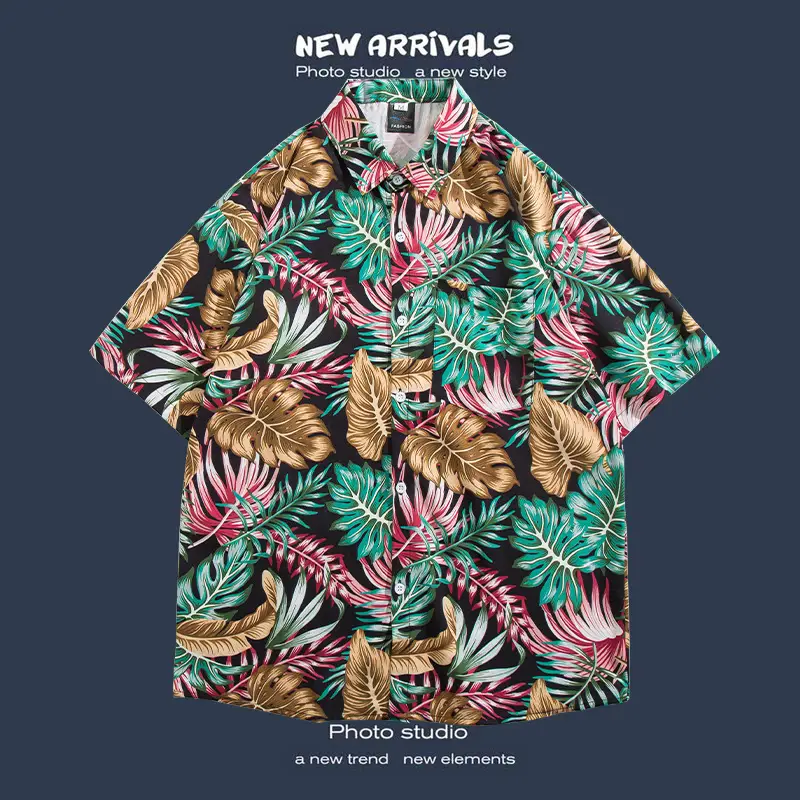 Short Sleeve Floral Shirt Set for Men Women Retro Korean Style - Image 43