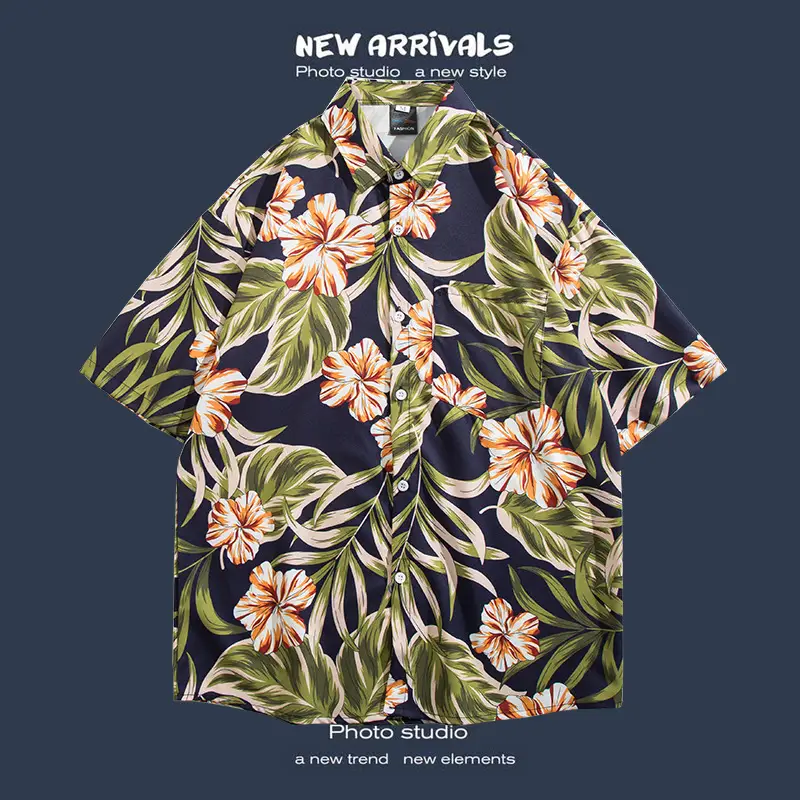 Short Sleeve Floral Shirt Set for Men Women Retro Korean Style - Image 48