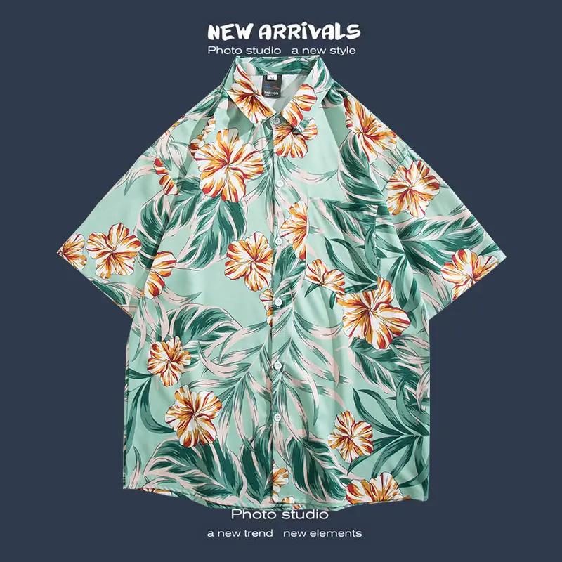 Short Sleeve Floral Shirt Set for Men Women Retro Korean Style - Image 49