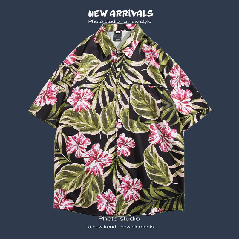 Short Sleeve Floral Shirt Set for Men Women Retro Korean Style - Image 50