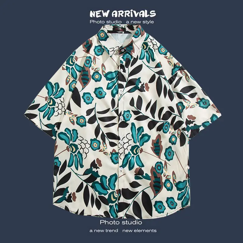 Short Sleeve Floral Shirt Set for Men Women Retro Korean Style - Image 57