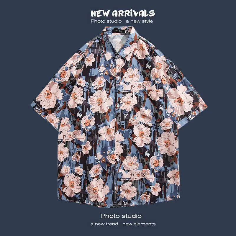 Short Sleeve Floral Shirt Set for Men Women Retro Korean Style - Image 76