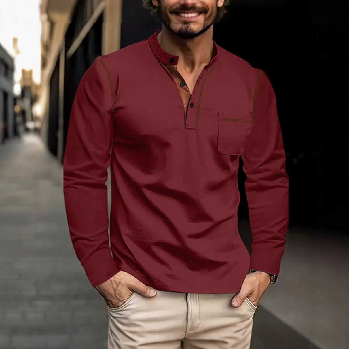 Men's White Long Sleeve Collar Polo Shirt - Image 8