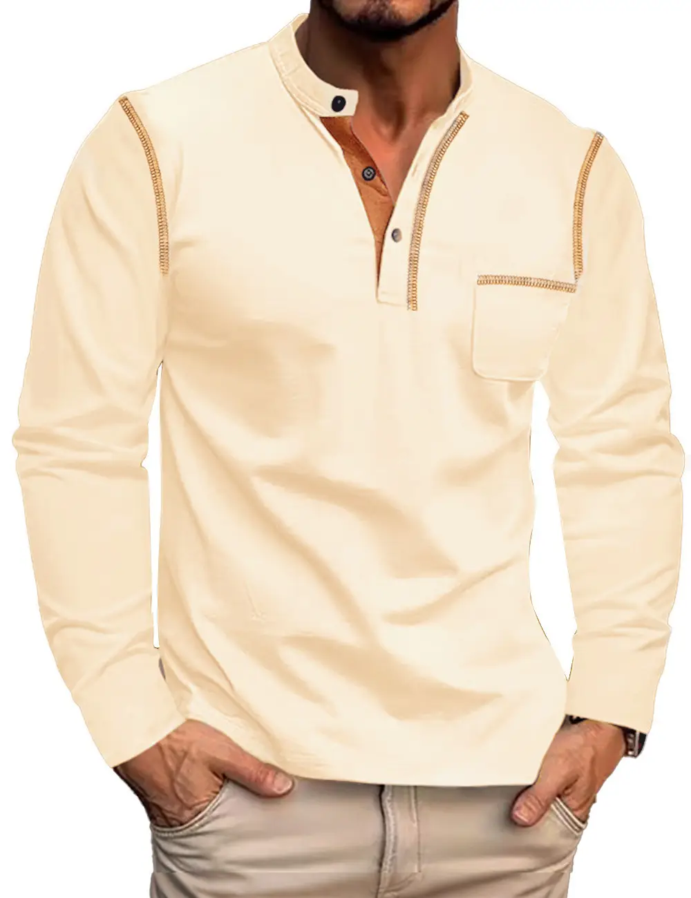 Men's White Long Sleeve Collar Polo Shirt - Image 3
