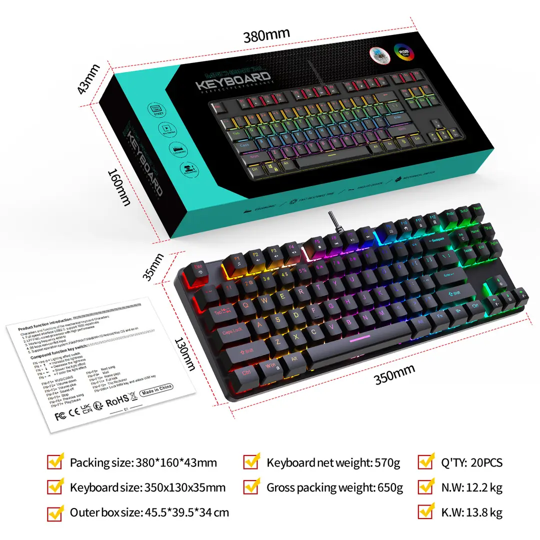 K87 metal mechanical keyboard 87 keys RGB luminous green axis public office home computer accessories Game e-sports cross-border — feature 1