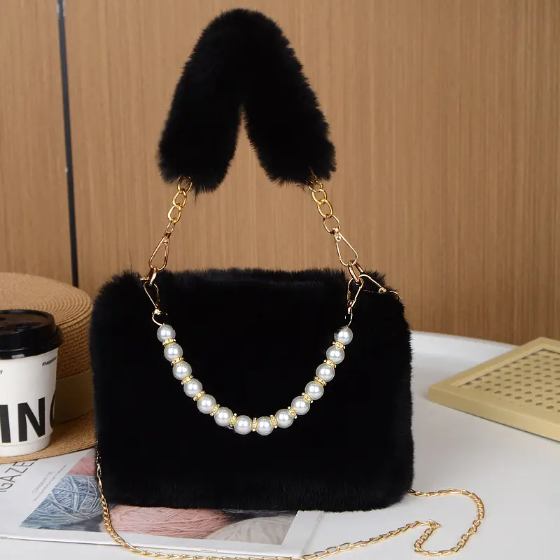 Plush Shoulder Bag for Women with Pearl Chain & Gold Chain - Image 10