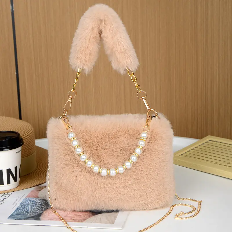 Plush Shoulder Bag for Women with Pearl Chain & Gold Chain - Image 11