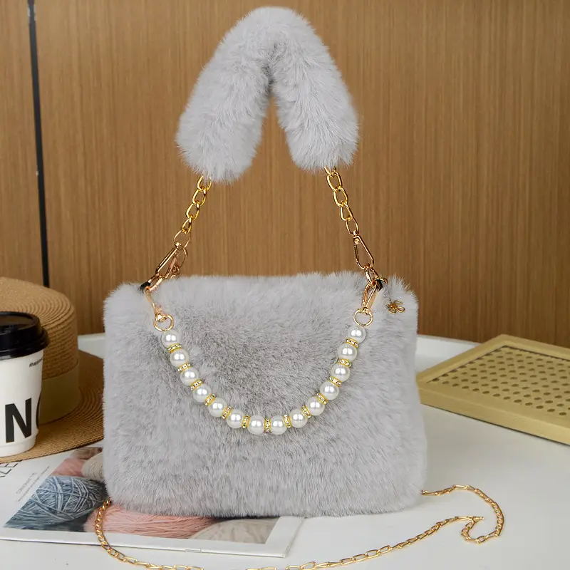 Plush Shoulder Bag for Women with Pearl Chain & Gold Chain - Image 12