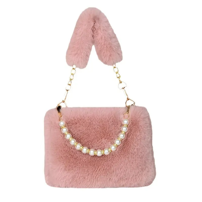 Plush Shoulder Bag for Women with Pearl Chain & Gold Chain - Image 13