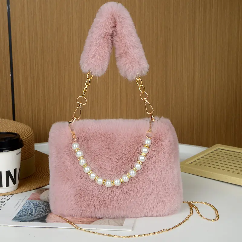 Plush Shoulder Bag for Women with Pearl Chain & Gold Chain — feature 11