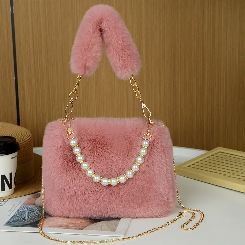 Plush Shoulder Bag for Women with Pearl Chain & Gold Chain — feature 12