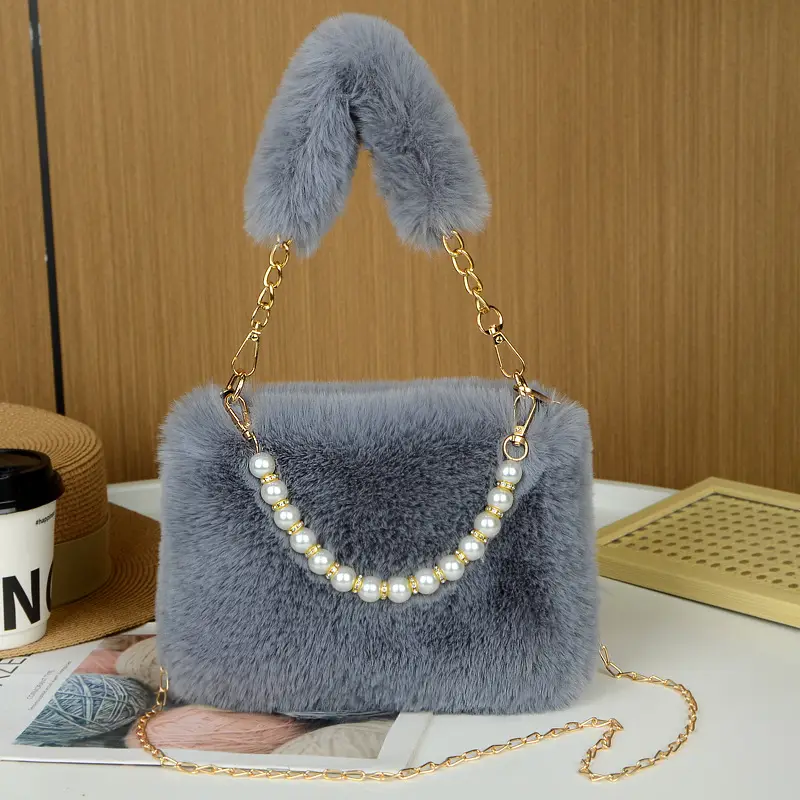 Plush Shoulder Bag for Women with Pearl Chain & Gold Chain — feature 13