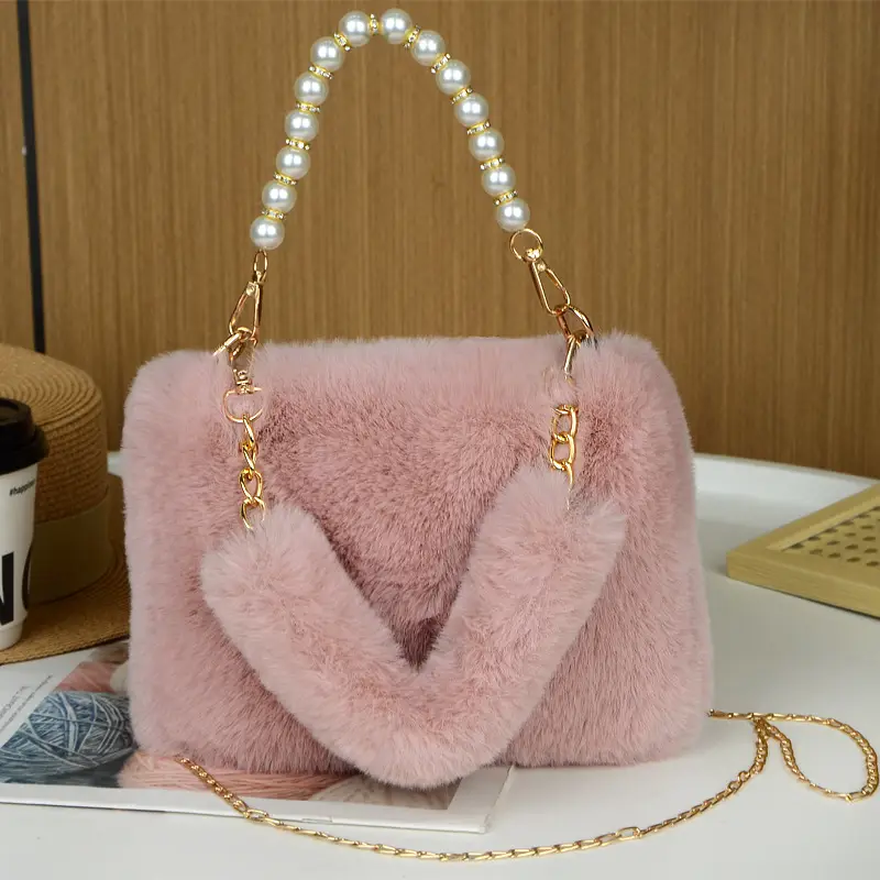 Plush Shoulder Bag for Women with Pearl Chain & Gold Chain — feature 5