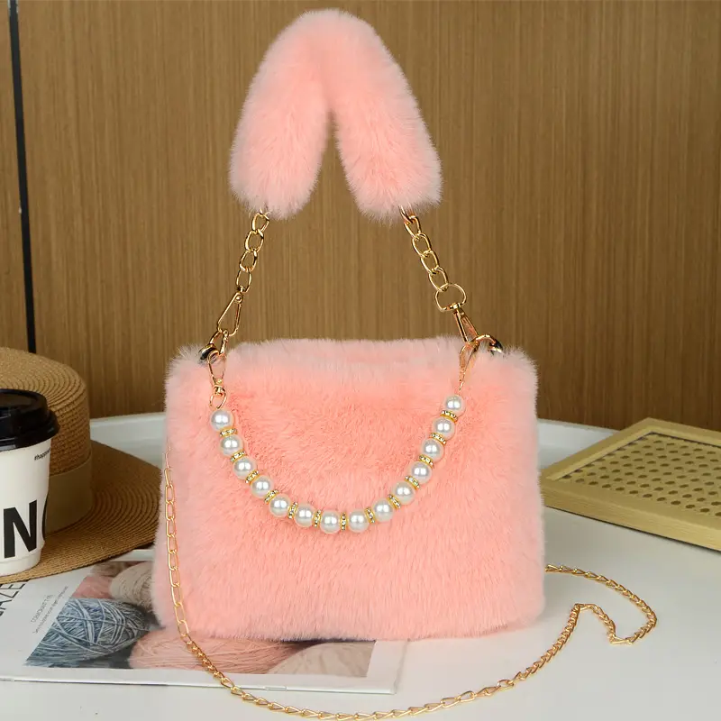 Plush Shoulder Bag for Women with Pearl Chain & Gold Chain — feature 6
