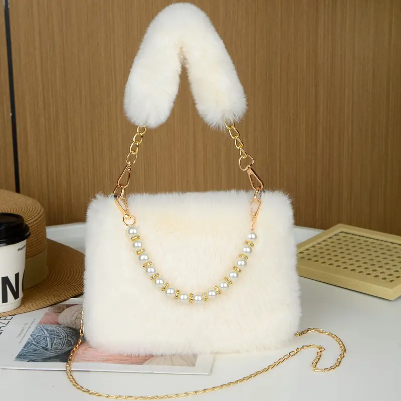 Plush Shoulder Bag for Women with Pearl Chain & Gold Chain — feature 7